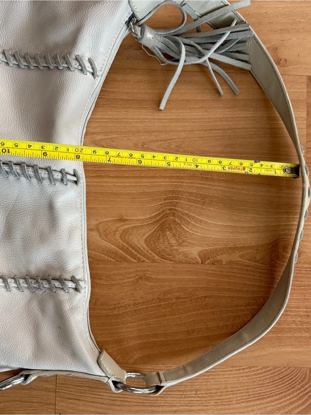 Vintage leather White Stitched Hobo Bag with Tassel